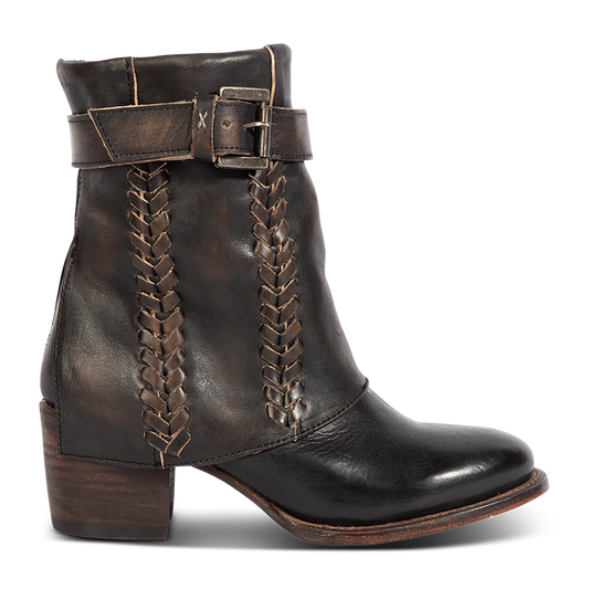 Freebird women's HAWK black leather bootie with whip stitch detailing, leather shaft overlay and adjustable ankle buckle