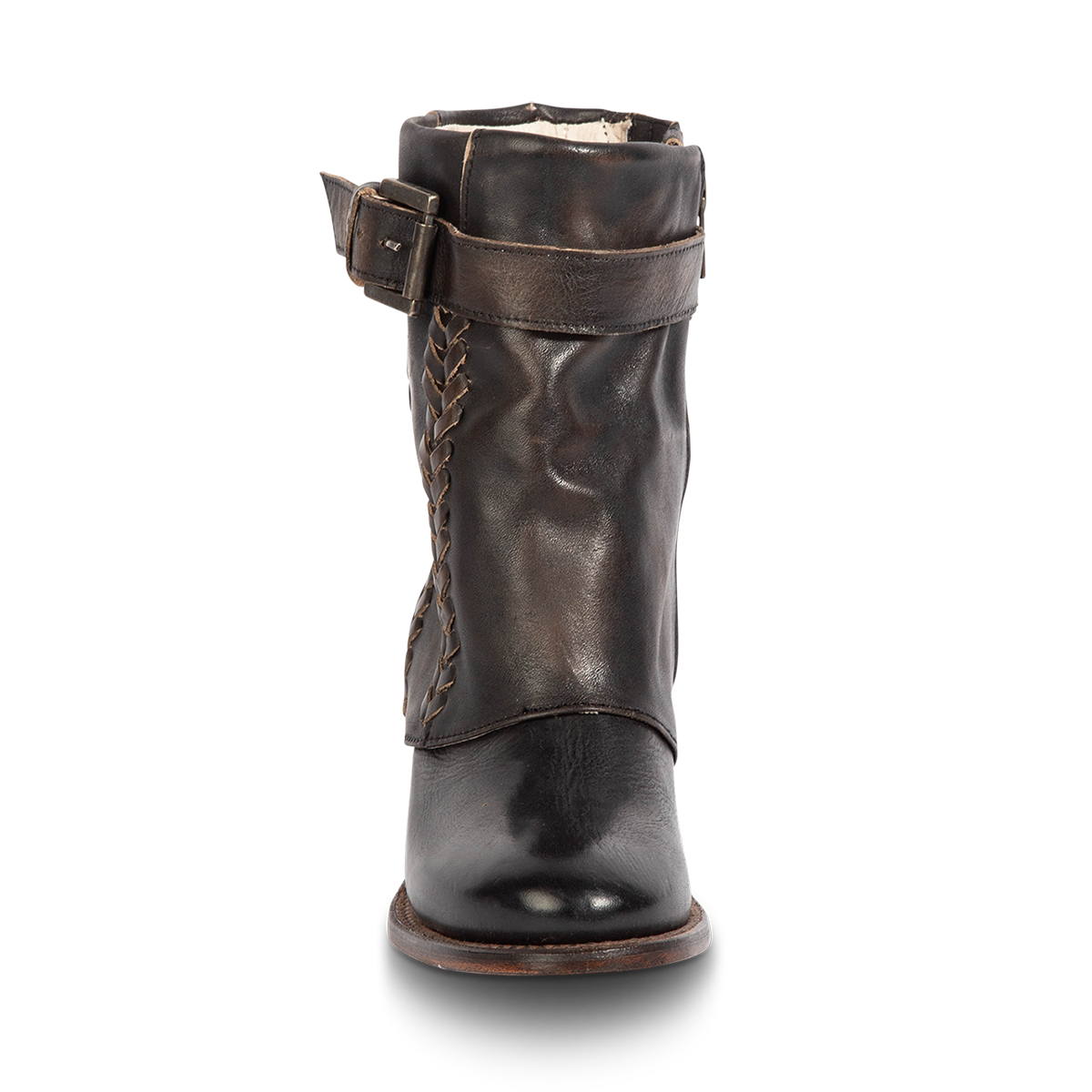 Front view showing Freebird women's HAWK black leather bootie with an adjustable belt, whip stitch detailing and leather shaft overlay