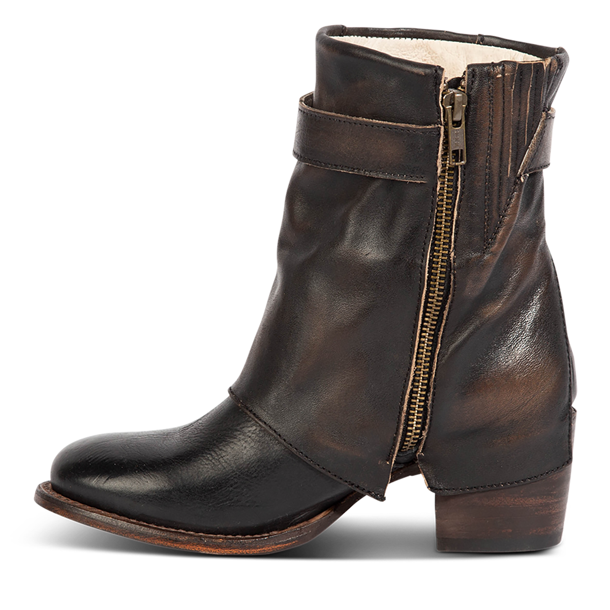 Inside view showing Freebird women's HAWK black leather bootie with an inside brass zipper and mid sized heel