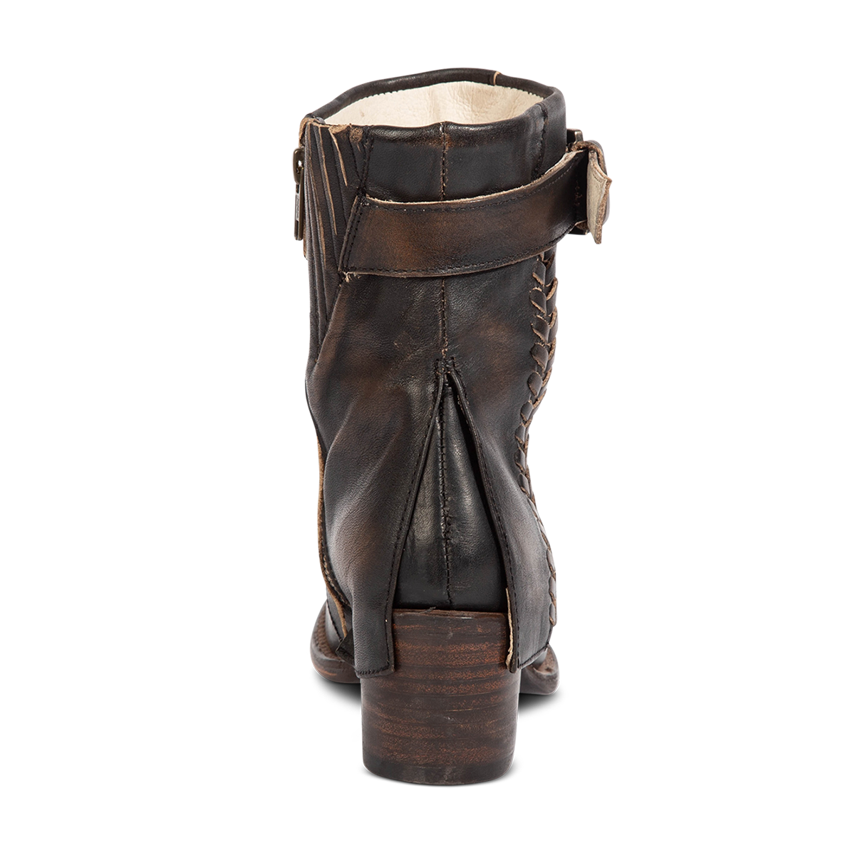 Back view showing a split leather overlay over a mid sized heel on Freebird women's Hawk black leather bootie