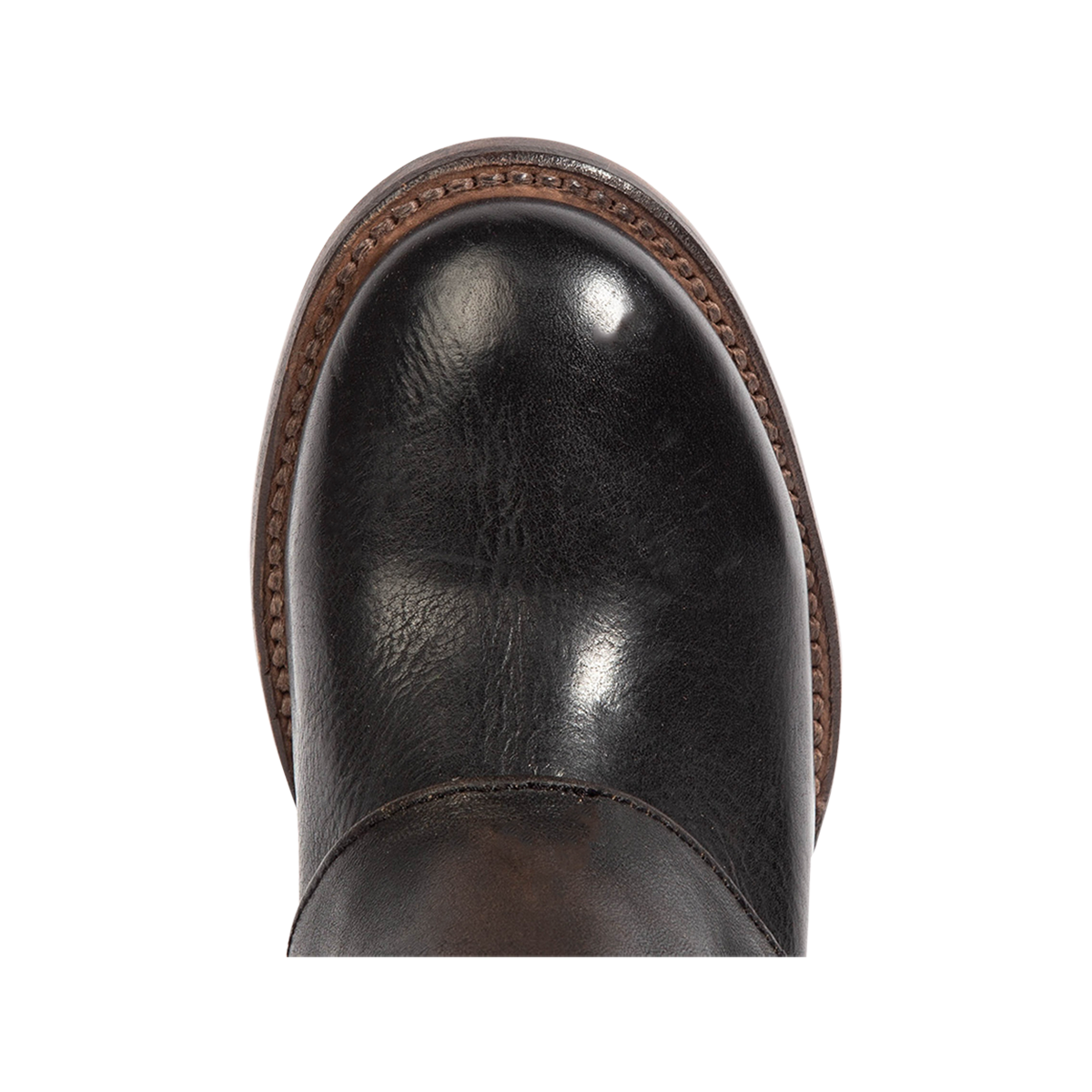 Top view showing a round toe construction on Freebird women's Hawk black leather bootie