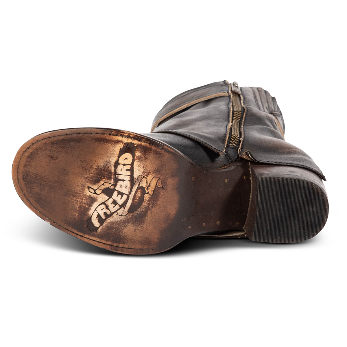 Leather sole imprinted with Freebird on women's Hawk black leather bootie