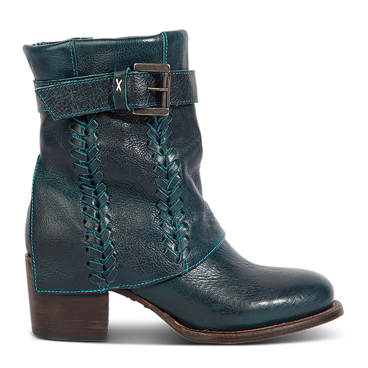 Freebird women's HAWK blue leather bootie with whip stitch detailing, leather shaft overlay and adjustable ankle buckle