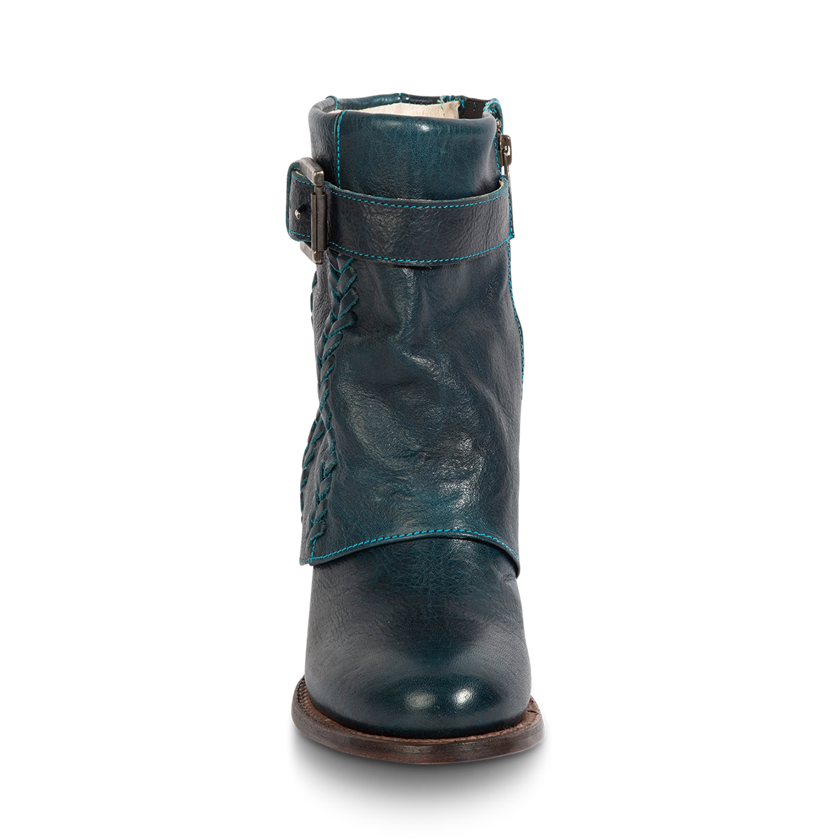 Front view showing Freebird women's HAWK blue leather bootie with an adjustable belt, whip stitch detailing and leather shaft overlay