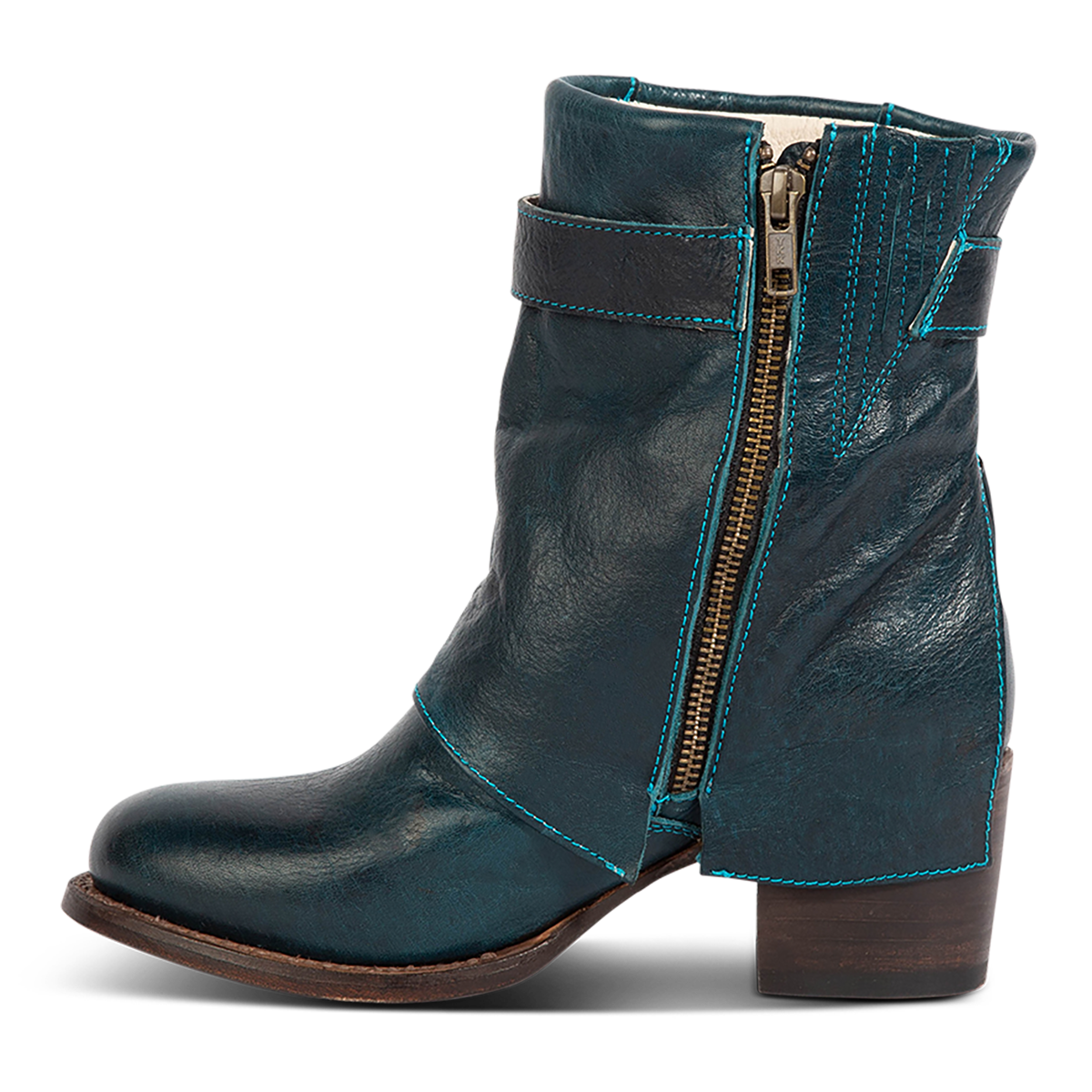 Inside view showing Freebird women's HAWK blue leather bootie with an inside brass zipper and mid sized heel