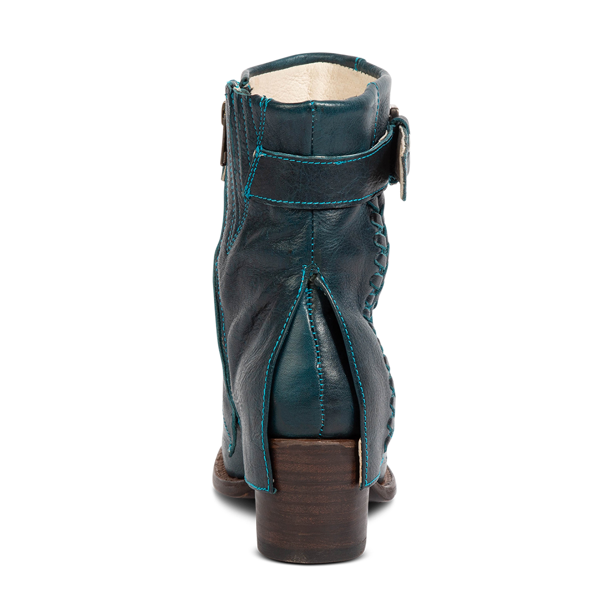 Back view showing a split leather overlay over a mid sized heel on Freebird women's Hawk blue leather bootie