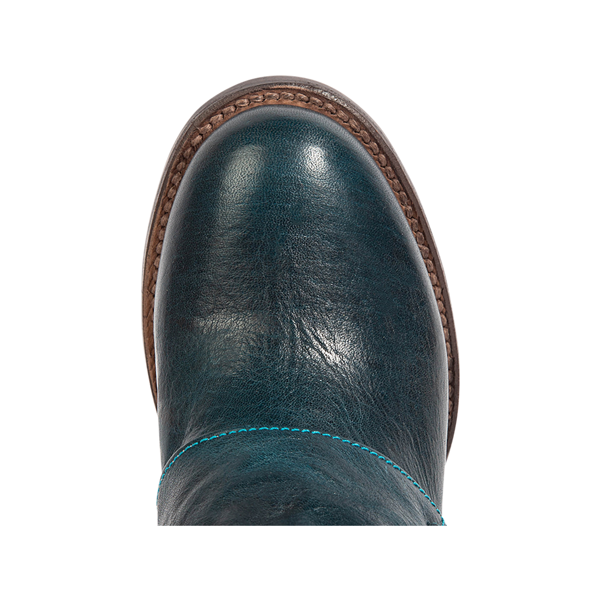 Top view showing a round toe construction on Freebird women's Hawk blue leather bootie