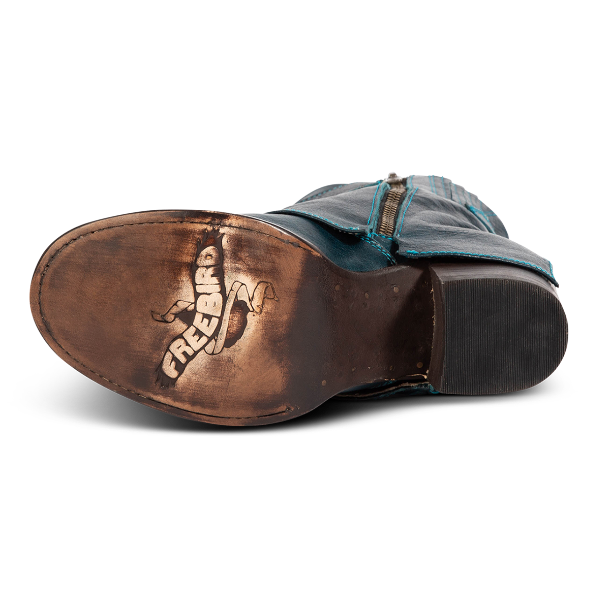 Leather sole imprinted with Freebird on women's Hawk blue leather bootie