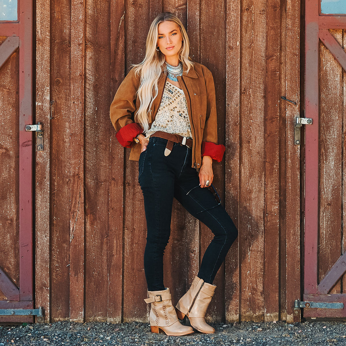 Freebird women's HAWK stone leather bootie with whip stitch detailing, leather shaft overlay and adjustable ankle buckle lifestyle