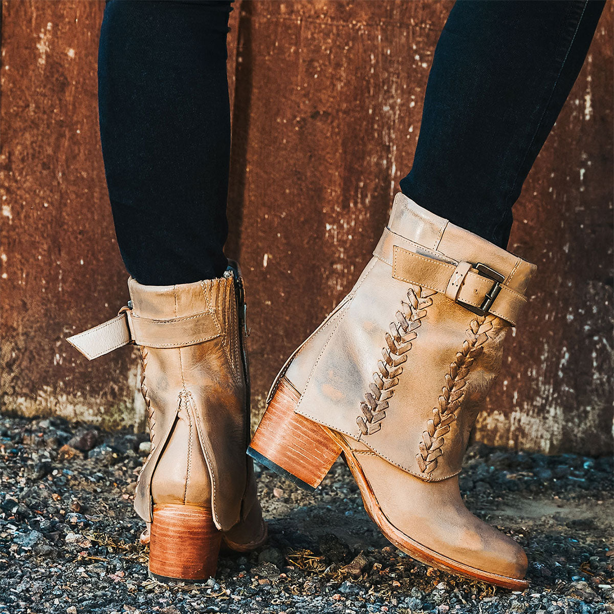 Freebird women's HAWK stone leather bootie with whip stitch detailing, leather shaft overlay and adjustable ankle buckle 