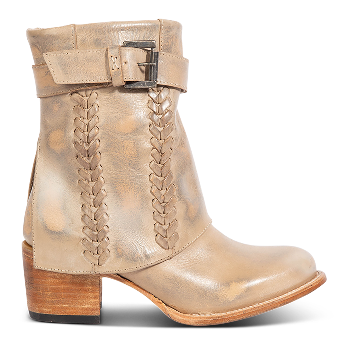 Freebird women's HAWK stone leather bootie with whip stitch detailing, leather shaft overlay and adjustable ankle buckle