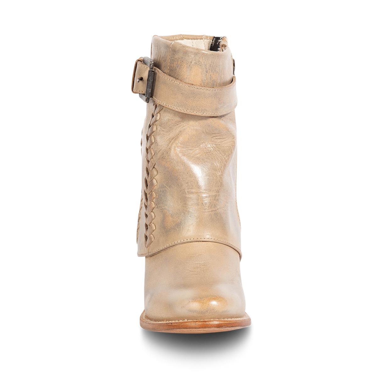 Front view showing Freebird women's HAWK stone leather bootie with an adjustable belt, whip stitch detailing and leather shaft overlay