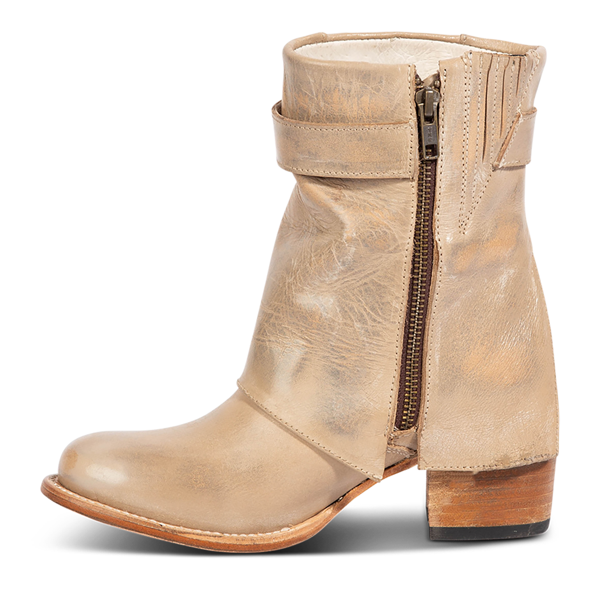 Inside view showing Freebird women's HAWK stone leather bootie with an inside brass zipper and mid sized heel