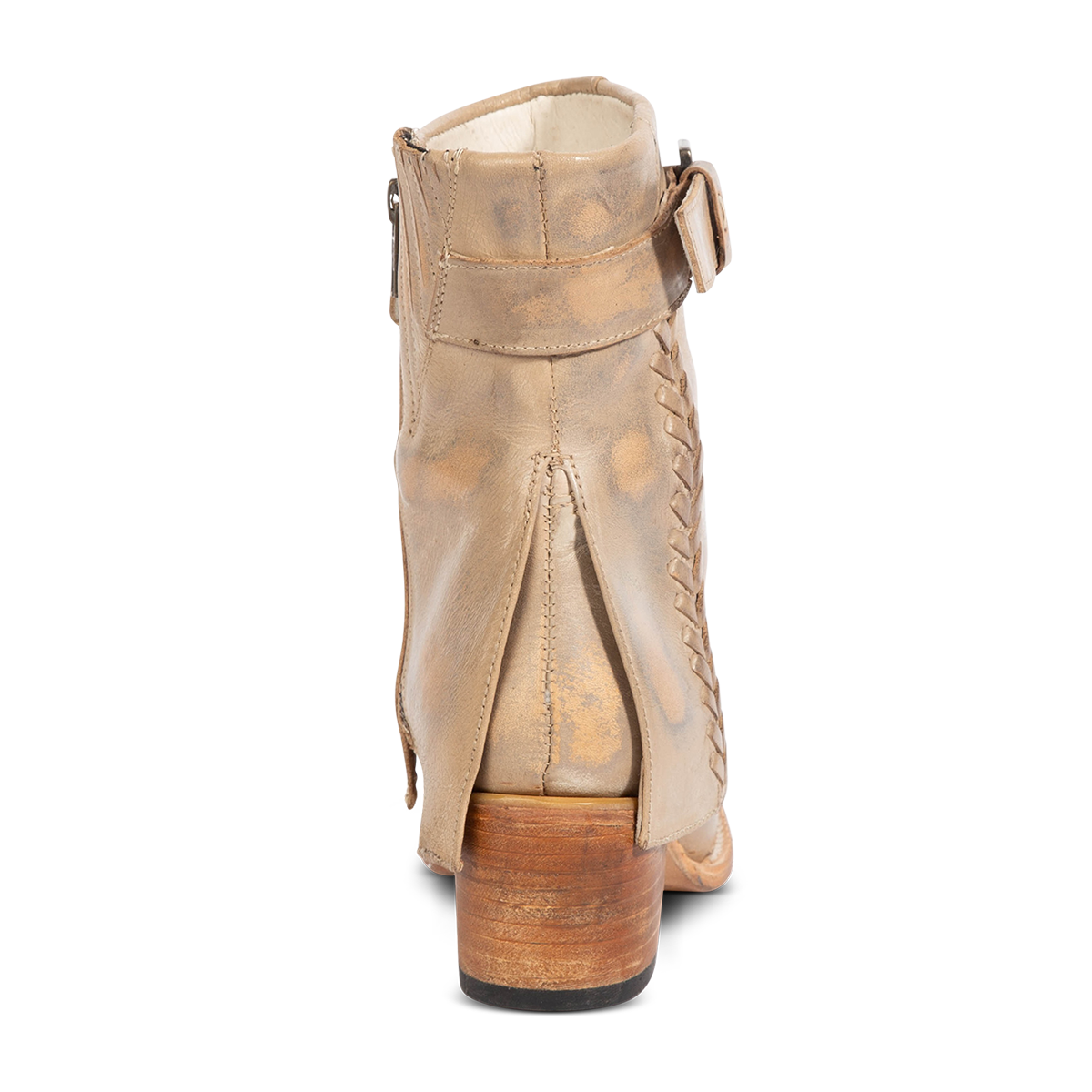 Back view showing a split leather overlay over a mid sized heel on Freebird women's Hawk stone leather bootie
