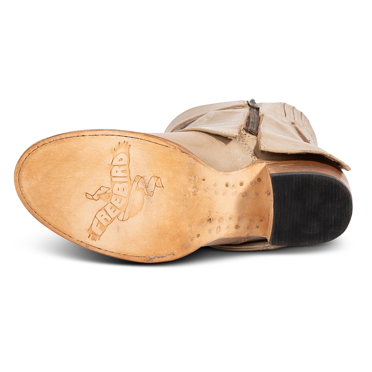 Leather sole imprinted with Freebird on women's Hawk stone leather bootie