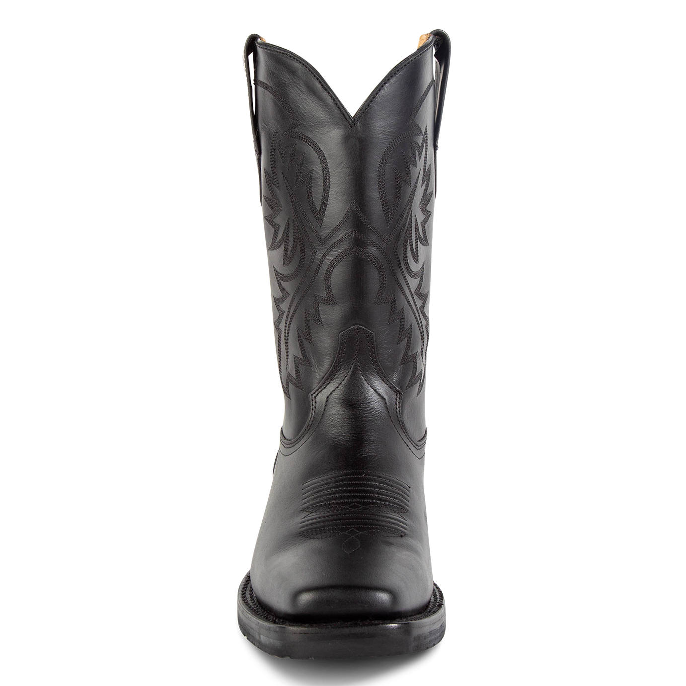 Front view showing FREEBIRD men's Heritage black leather boot with square toe construction, leather pull straps and tread sole