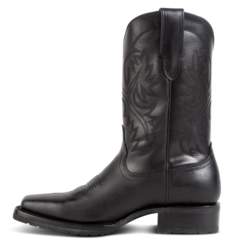 Inside view showing FREEBIRD men's Heritage black leather boot with square toe construction, leather pull straps and tread sole