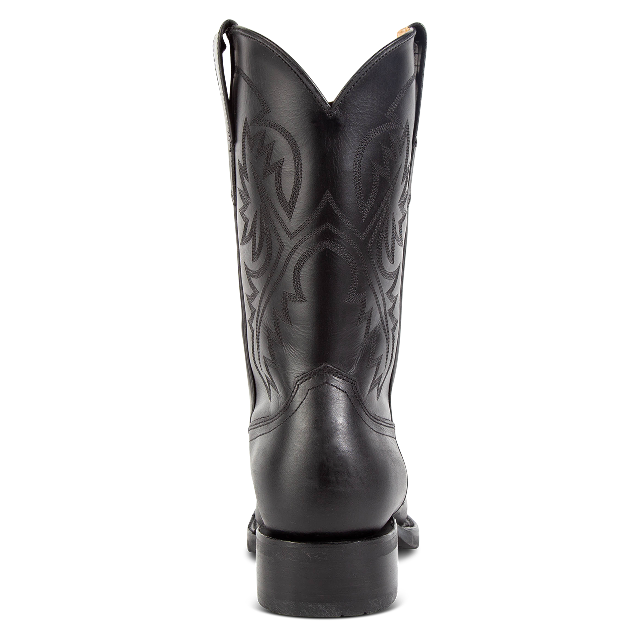 Back view showing FREEBIRD men's Heritage black leather boot with square toe construction, leather pull straps and tread sole