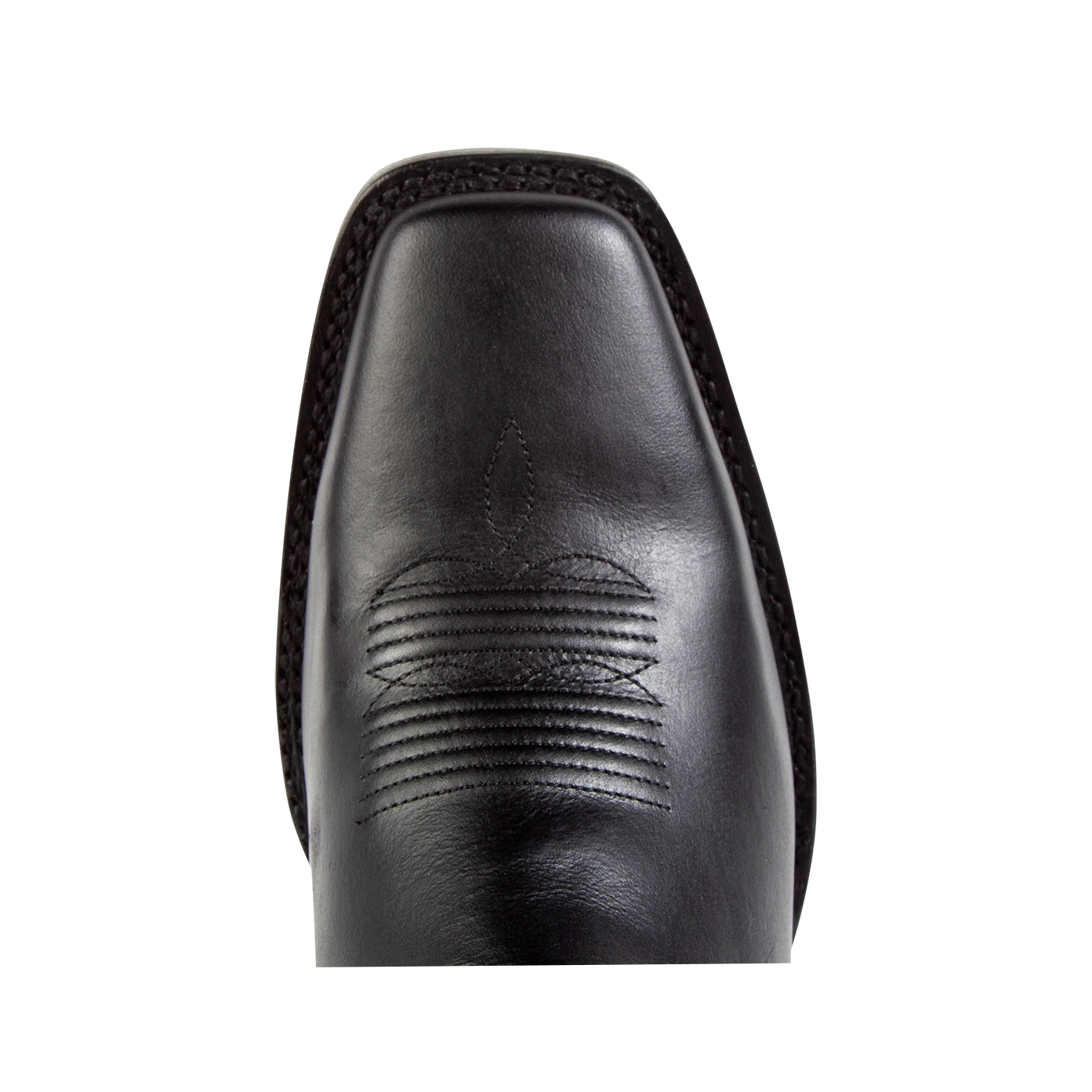 Top view showing square toe construction and traditional stitching on FREEBIRD Heritage men's black leather boot