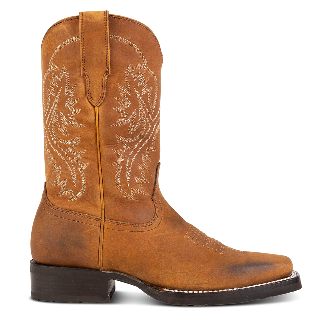 FREEBIRD men's Heritage tan leather boot with square toe construction, leather pull straps and tread sole
