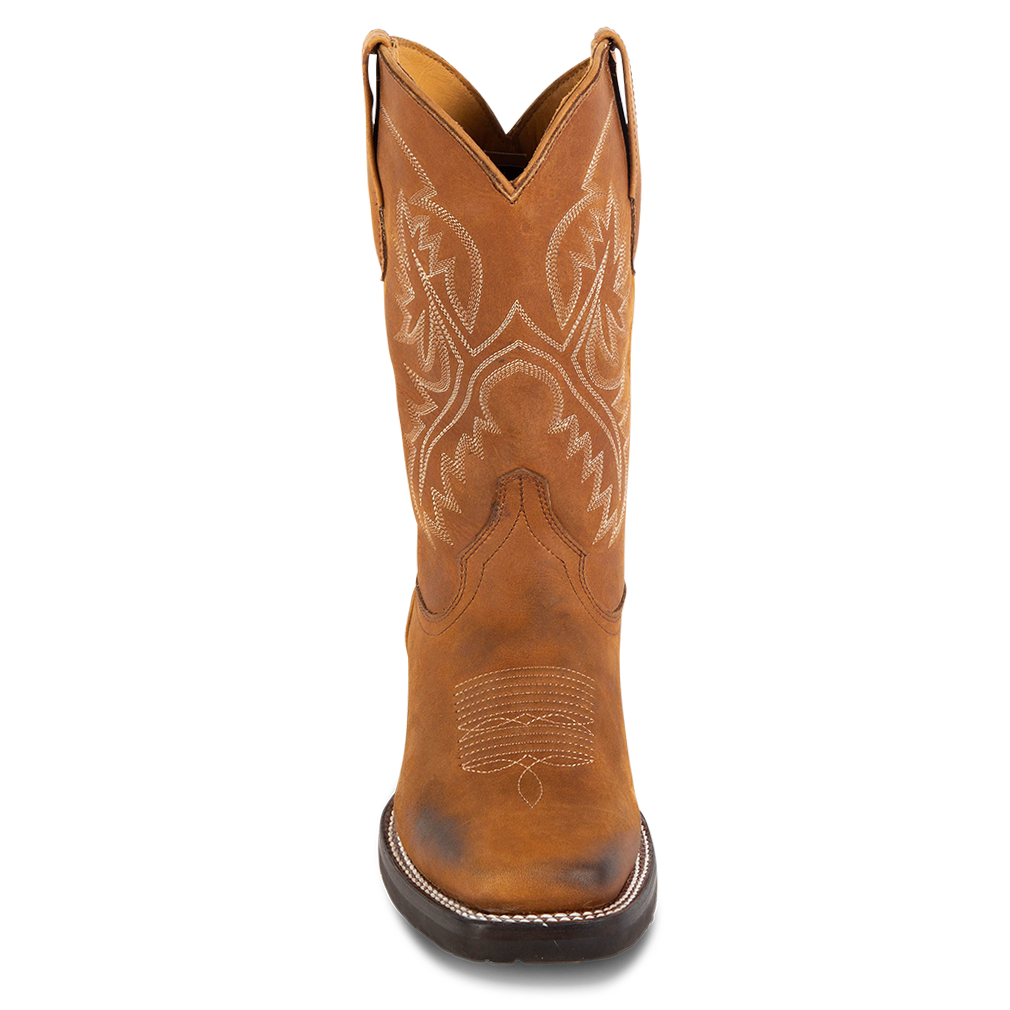 Front view showing FREEBIRD men's Heritage tan leather boot with square toe construction, leather pull straps and tread sole