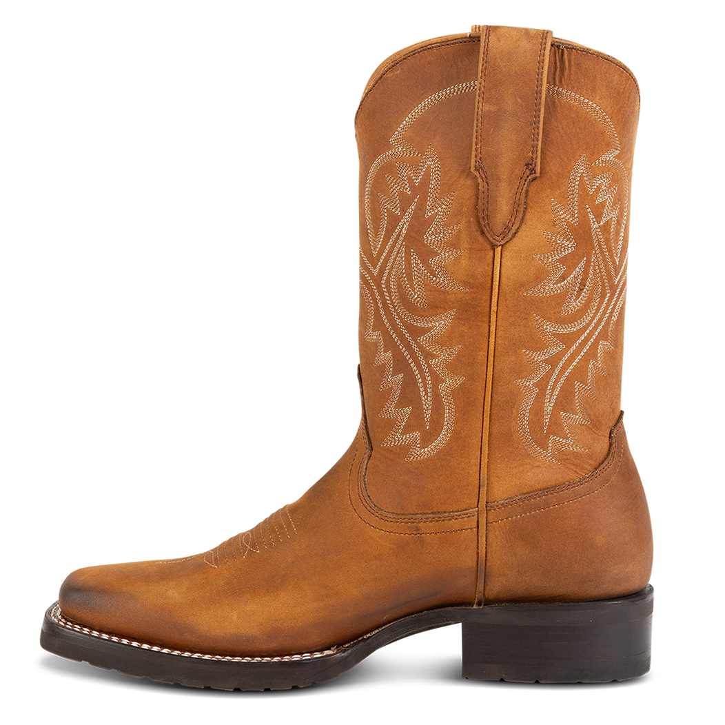Inside view showing FREEBIRD men's Heritage tan leather boot with square toe construction, leather pull straps and tread sole