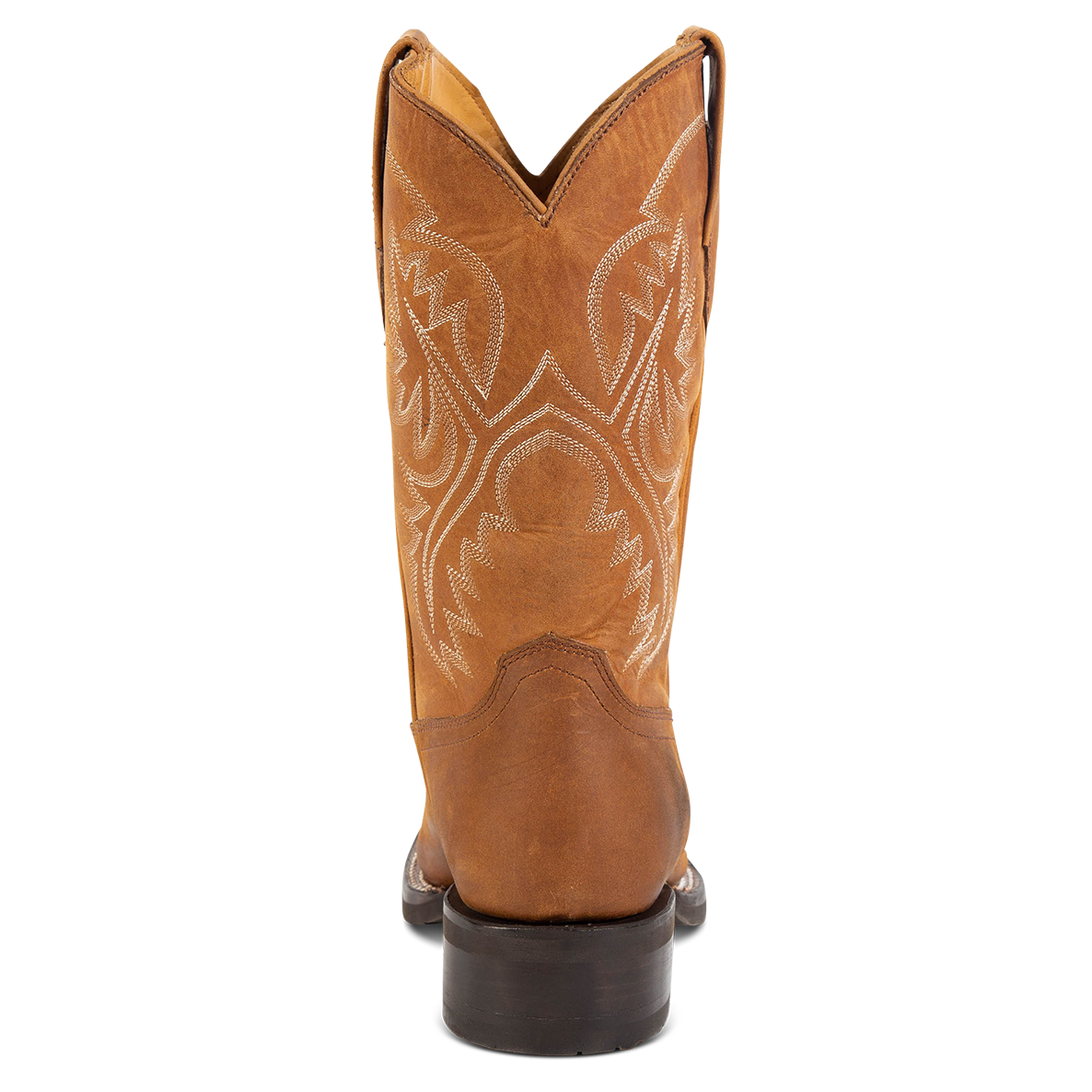 Back view showing FREEBIRD men's Heritage tan leather boot with square toe construction, leather pull straps and tread sole