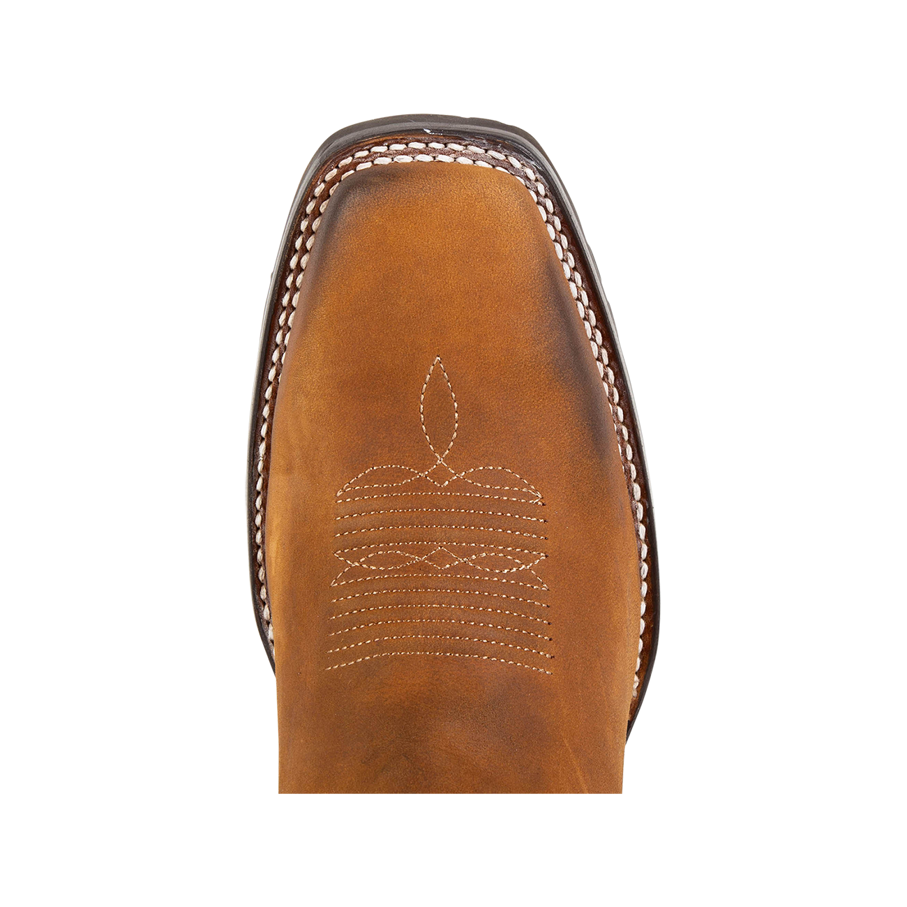 Top view showing square toe construction and traditional stitching on FREEBIRD Heritage men's tan leather boot