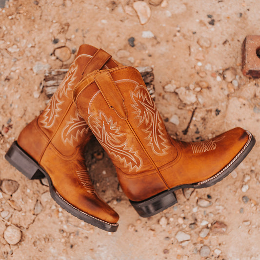 FREEBIRD men's Heritage tan leather boot with square toe construction, leather pull straps and tread sole