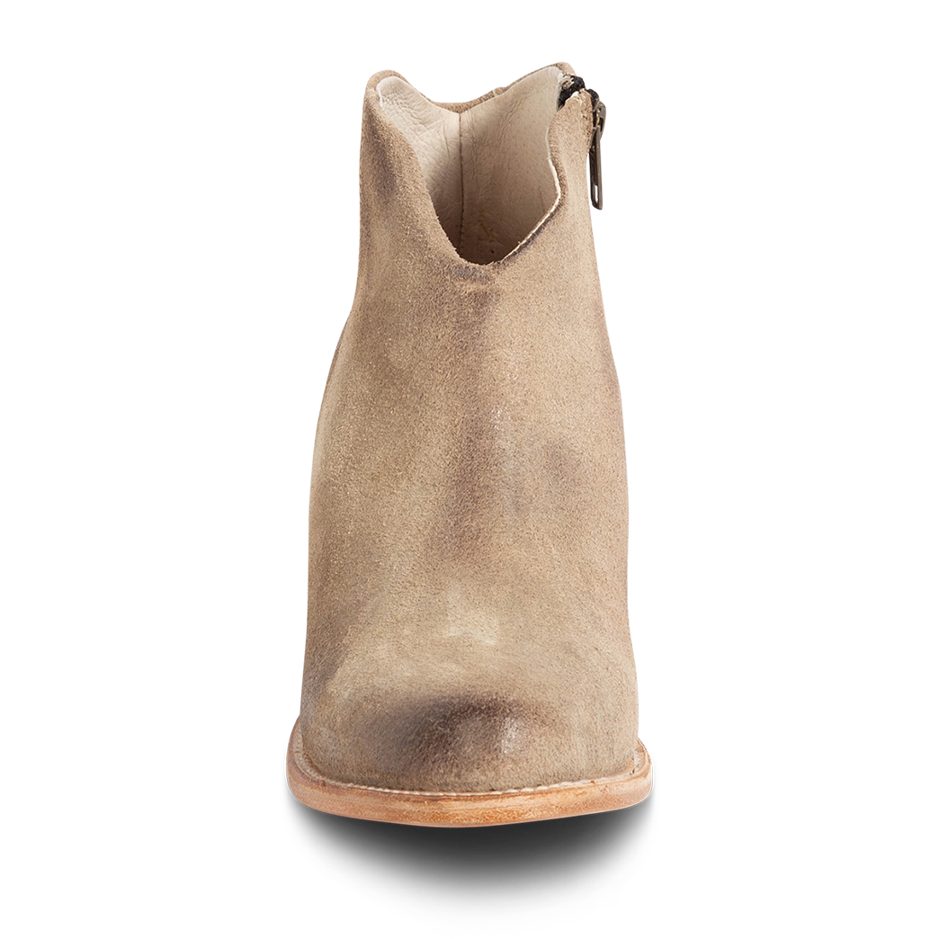 Front view showing brushed suede upper and front dip construction on FREEBIRD women's Hippy beige suede bootie
