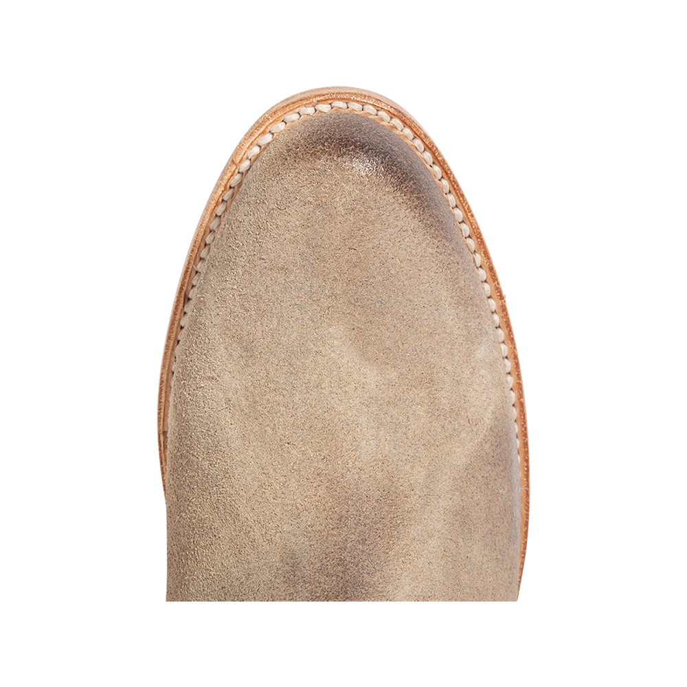 Top view showing almond toe construction on FREEBIRD women's Hippy beige suede bootie