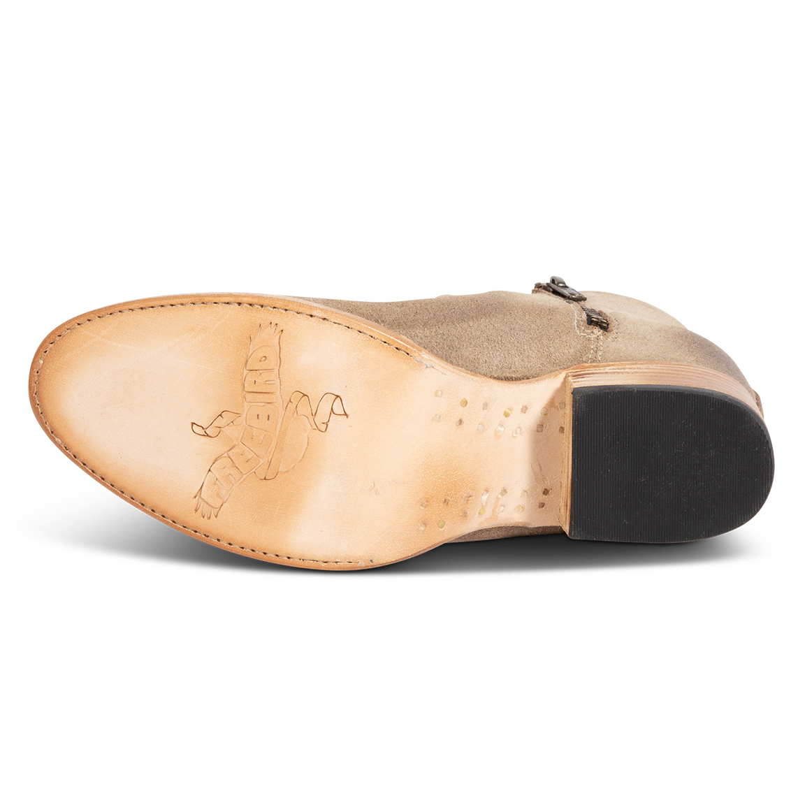Leather sole imprinted with FREEBIRD on women's Hippy beige suede bootie