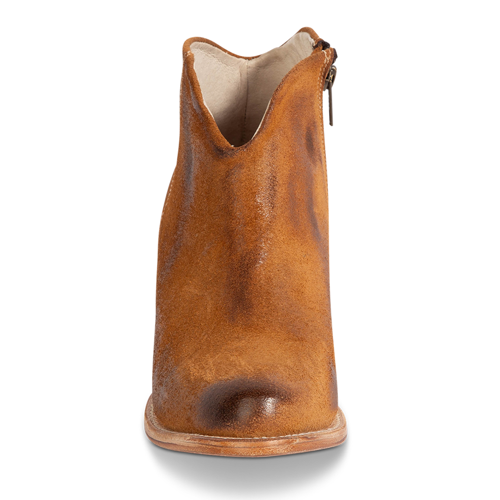 Front view showing brushed suede upper and front dip construction on FREEBIRD women's Hippy cognac suede bootie