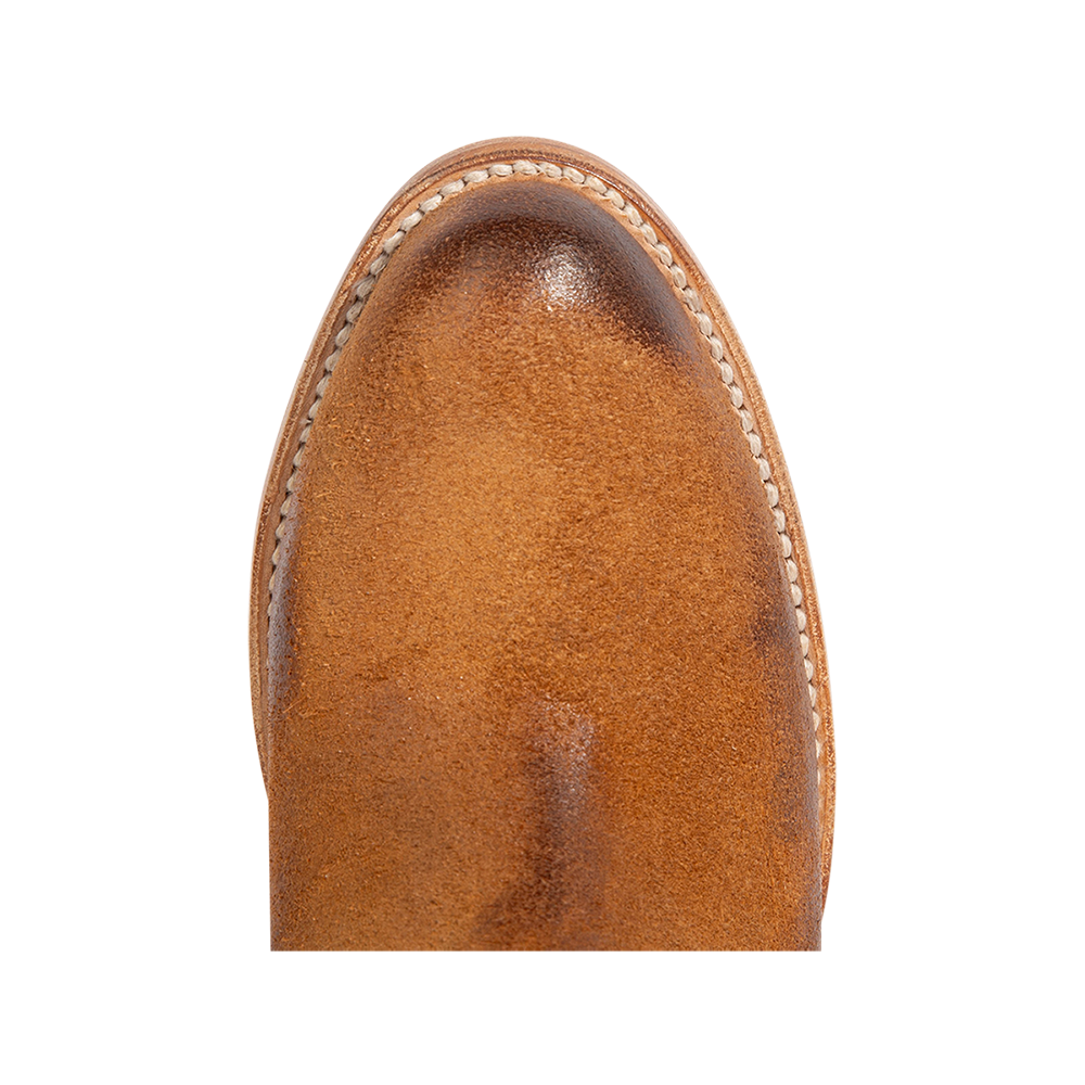 Top view showing almond toe construction on FREEBIRD women's Hippy cognac suede bootie