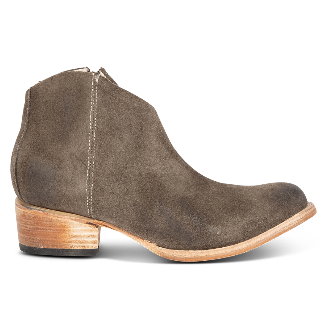 FREEBIRD women's Hippy grey suede low heeled bootie with a working brass zip closure, heel seam embroidery, almond toe, and front dip detailing