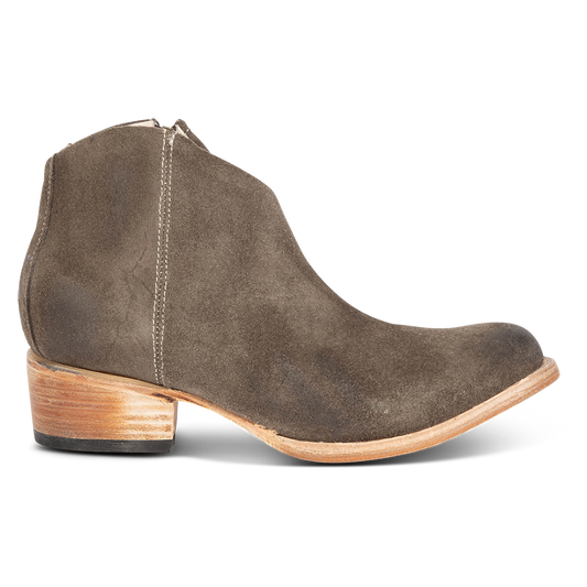 FREEBIRD women's Hippy grey suede low heeled bootie with a working brass zip closure, heel seam embroidery, almond toe, and front dip detailing