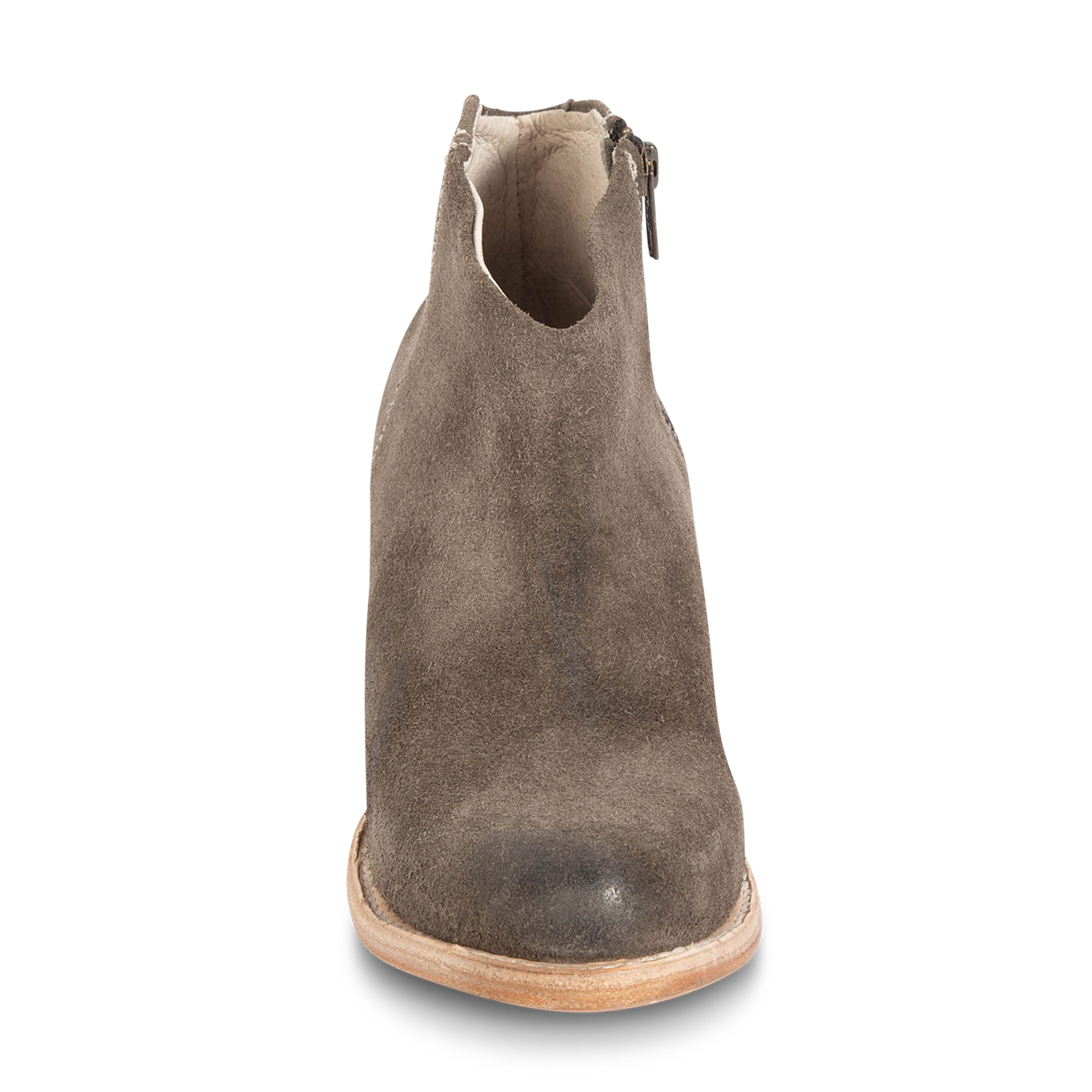 Front view showing brushed suede upper and front dip construction on FREEBIRD women's Hippy grey suede bootie