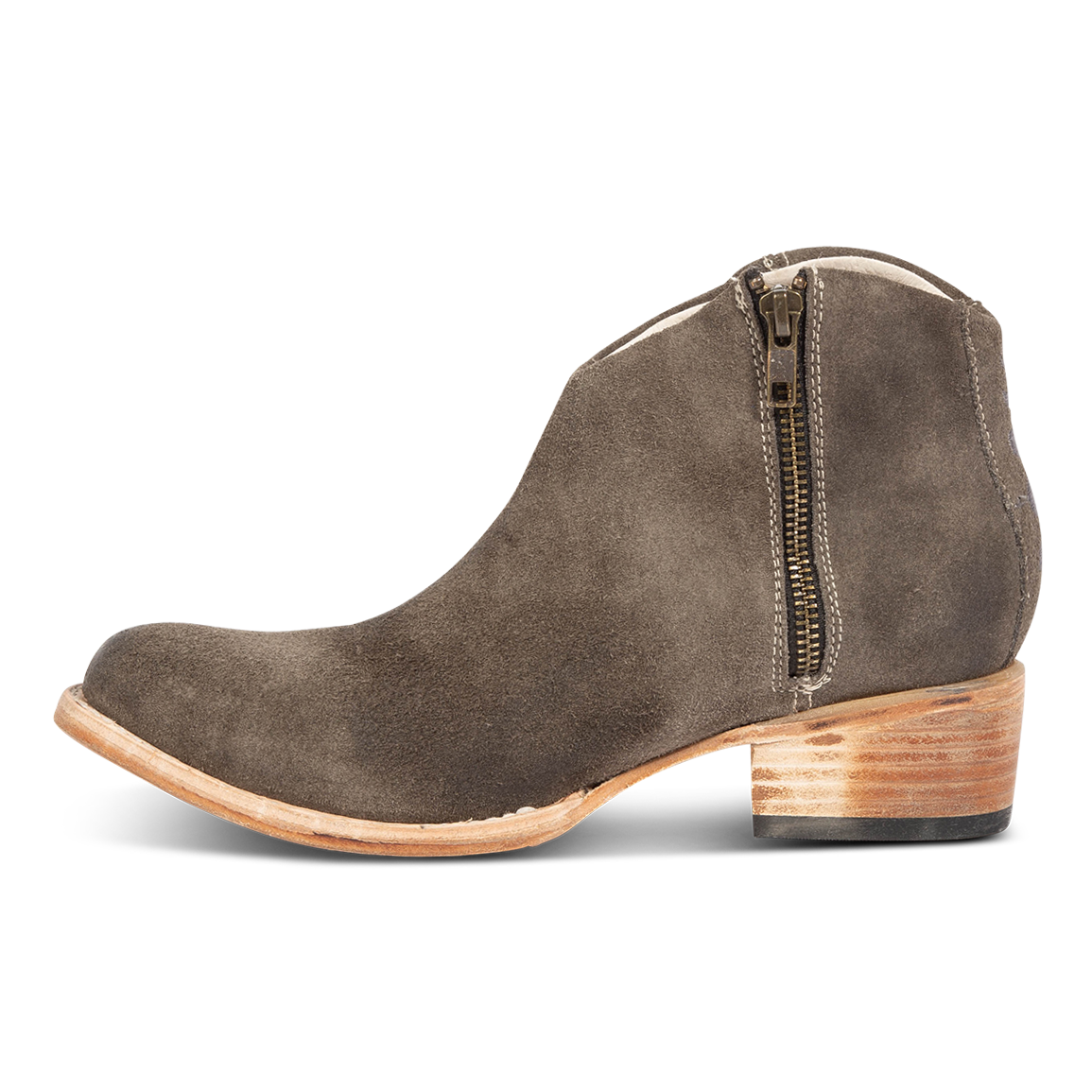 Inside view showing low leather wrapped heel and working brass zip closure on FREEBIRD women's Hippy grey suede bootie