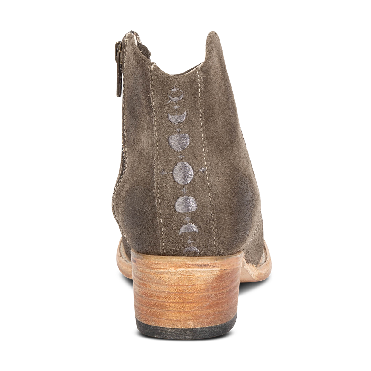 Back view showing low heel and embroidered back seam on FREEBIRD women's Hippy grey suede bootie