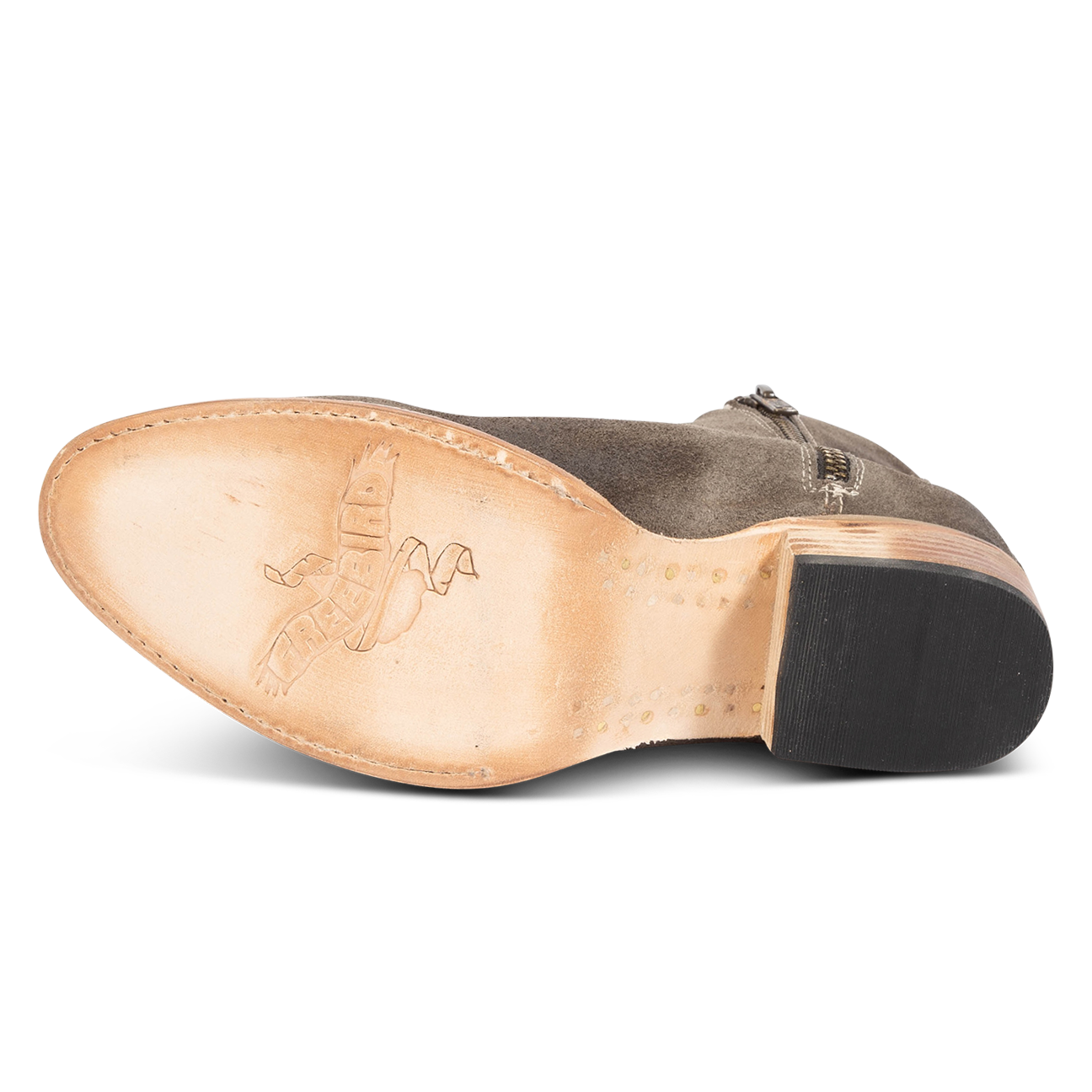 Leather sole imprinted with FREEBIRD on women's Hippy grey suede bootie