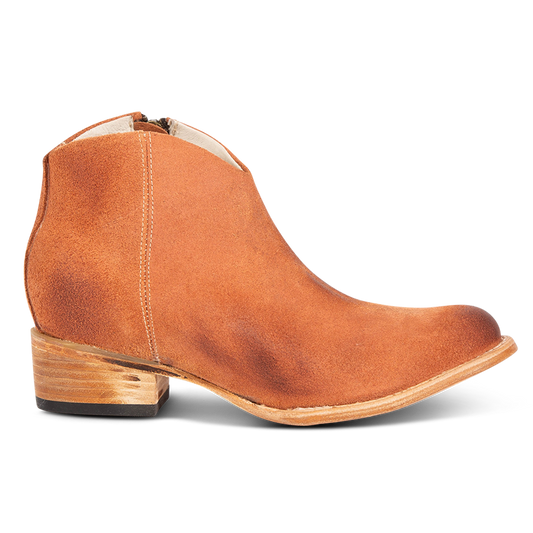 FREEBIRD women's Hippy orange suede low heeled bootie with a working brass zip closure, heel seam embroidery, almond toe, and front dip detailing
