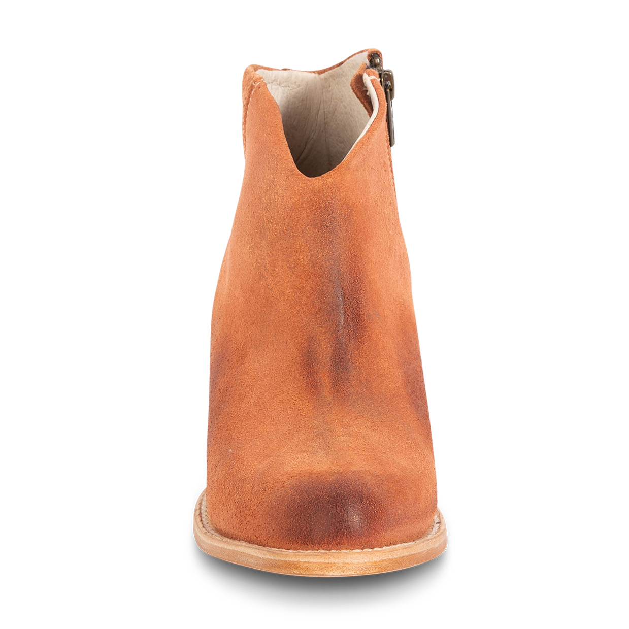 Front view showing brushed suede upper and front dip construction on FREEBIRD women's Hippy orange suede bootie