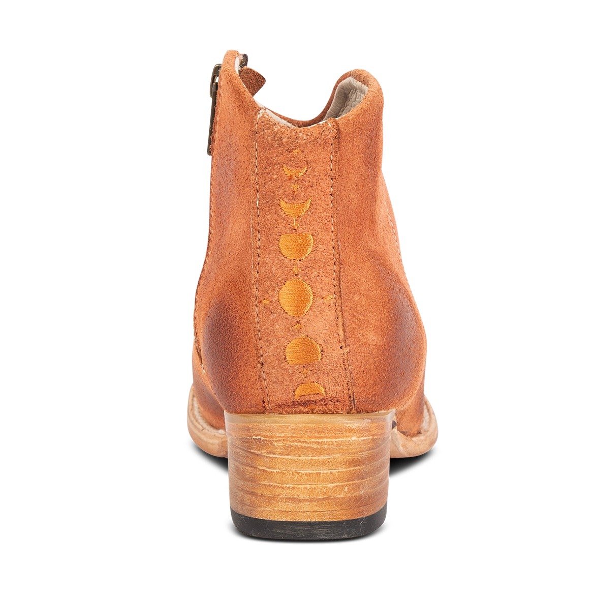 Back view showing low heel and embroidered back seam on FREEBIRD women's Hippy orange suede bootie