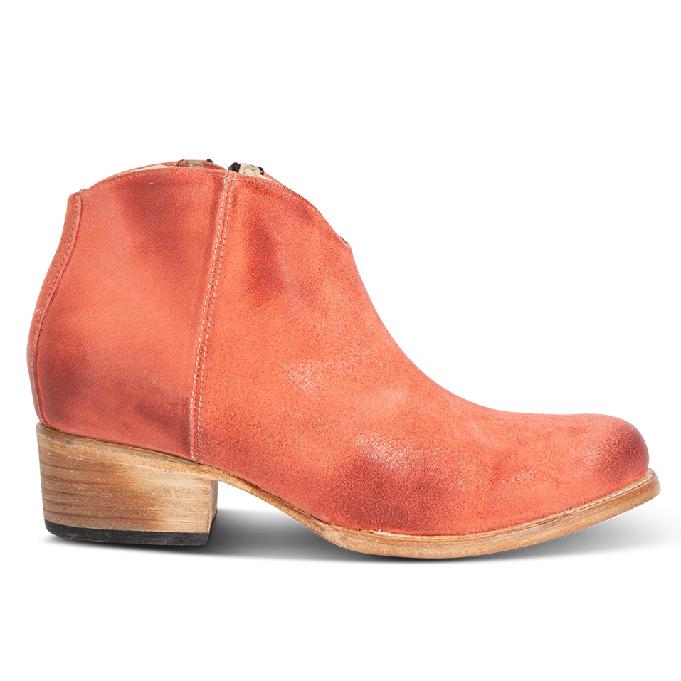 FREEBIRD women's Hippy pink suede low heeled bootie with a working brass zip closure, heel seam embroidery, almond toe, and front dip detailing