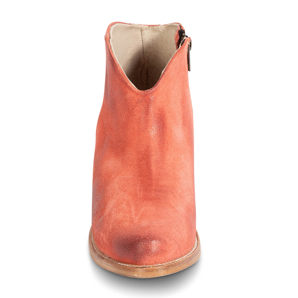 Front view showing brushed suede upper and front dip construction on FREEBIRD women's Hippy pink suede bootie