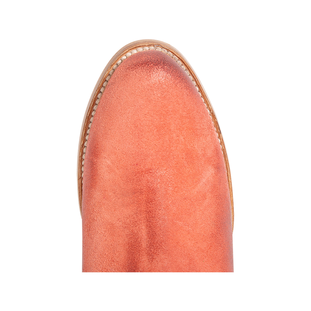 Top view showing almond toe construction on FREEBIRD women's Hippy pink suede bootie