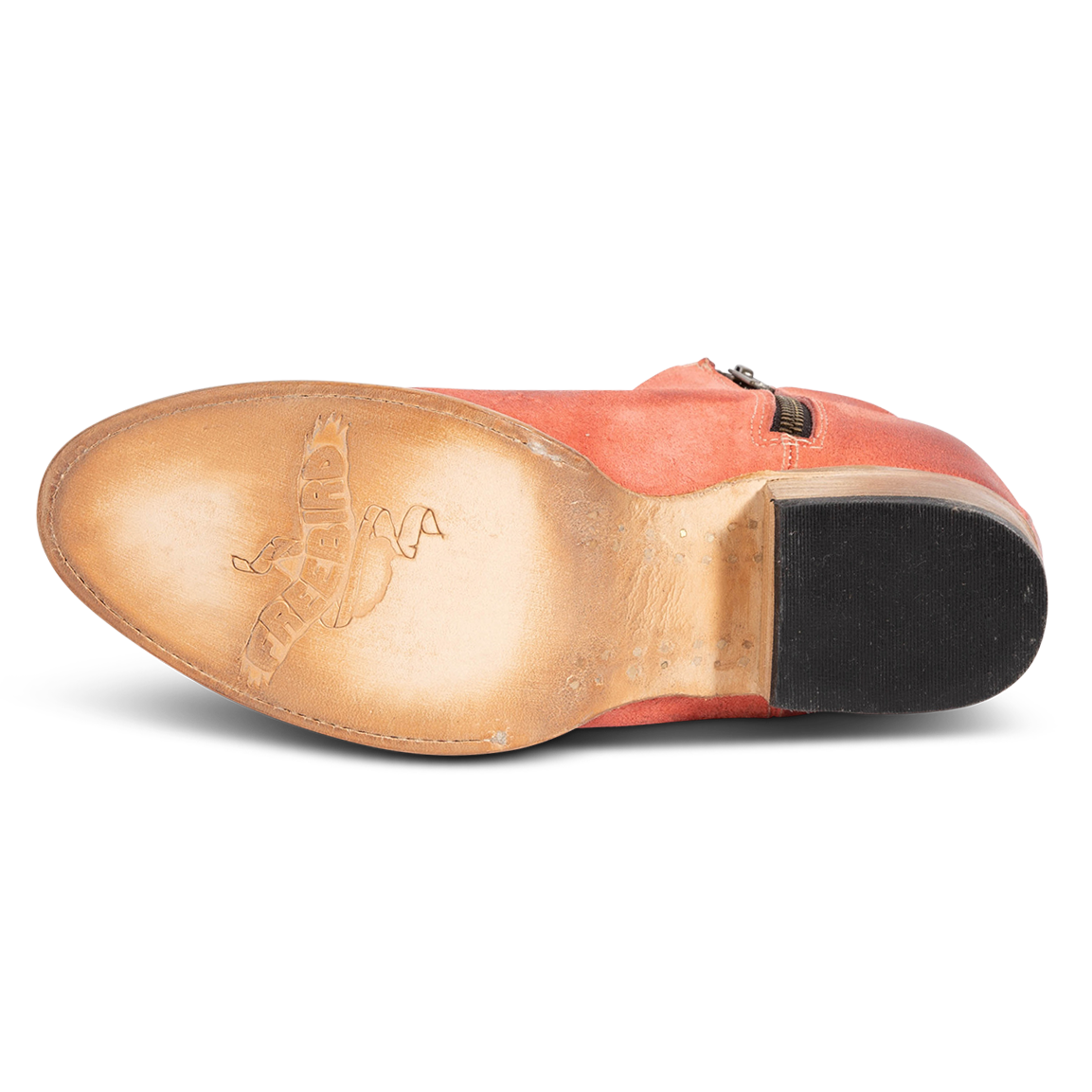 Leather sole imprinted with FREEBIRD on women's Hippy pink suede bootie