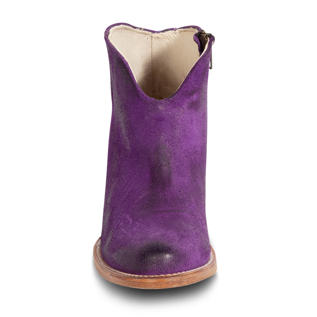 Front view showing brushed suede upper and front dip construction on FREEBIRD women's Hippy purple suede bootie