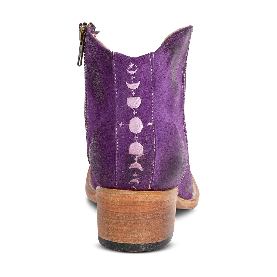 Back view showing low heel and embroidered back seam on FREEBIRD women's Hippy purple suede bootie