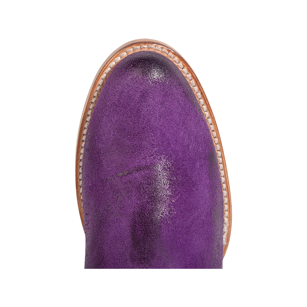 Top view showing almond toe construction on FREEBIRD women's Hippy purple suede bootie